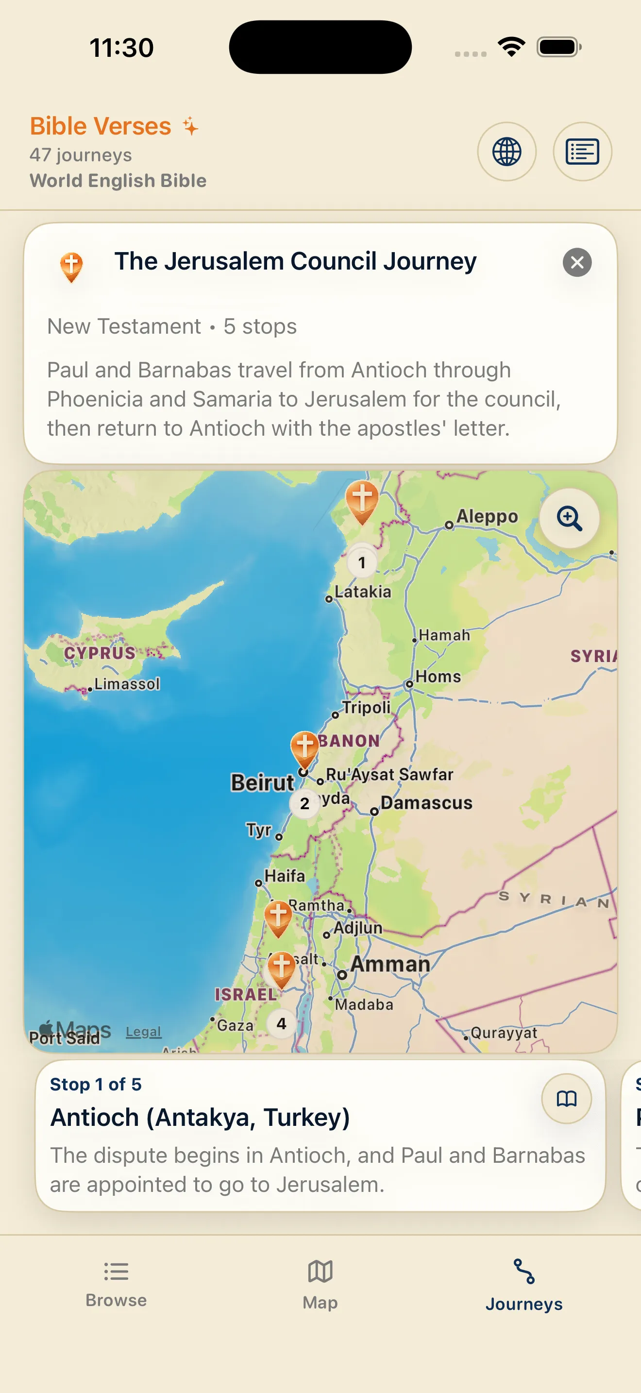 Screenshot of the Journeys feature in Bible Map Explorer, showing Paul’s First Missionary Journey on the interactive map