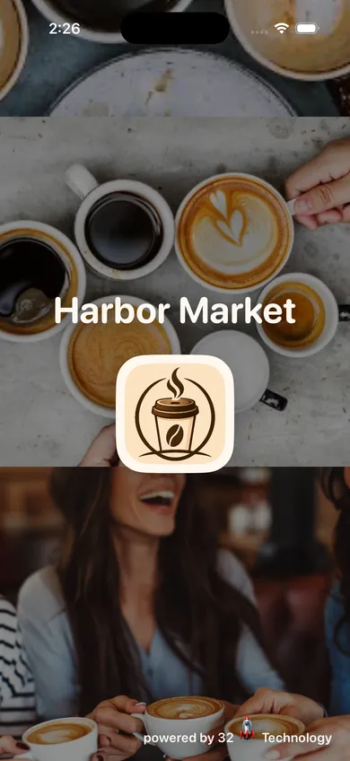 Splash screen for a demo storefront called Harbor Market, showing a coffee-cup app icon over a coffee shop photo with "powered by 321 Technology" branding