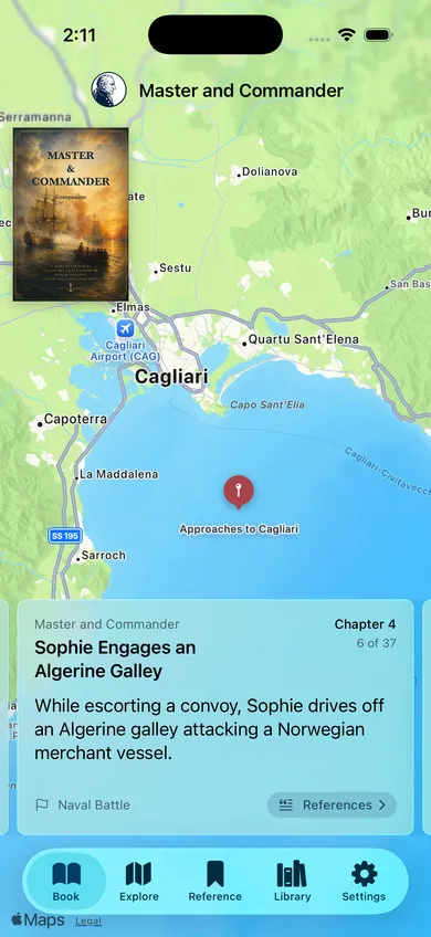 Map view for Master and Commander showing a pinned location near Cagliari with a companion note on Sophie engaging an Algerine galley in Chapter 4