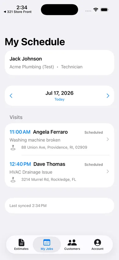 Technician schedule screen listing the day's visits, including a washing machine repair and an HVAC drainage issue with customer names and addresses