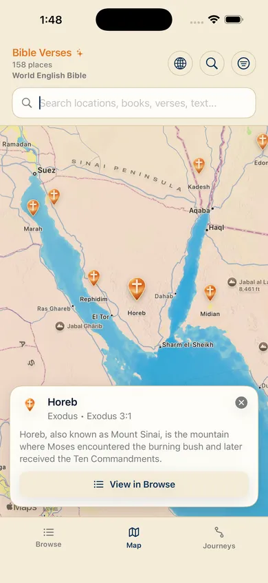 Map view of the Sinai Peninsula with location pins, showing a detail card for Horeb and its reference in Exodus 3:1