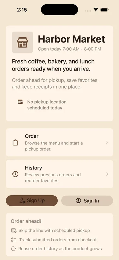 Storefront home screen showing store hours, an order-ahead description, and Order and History options with sign up and sign in buttons