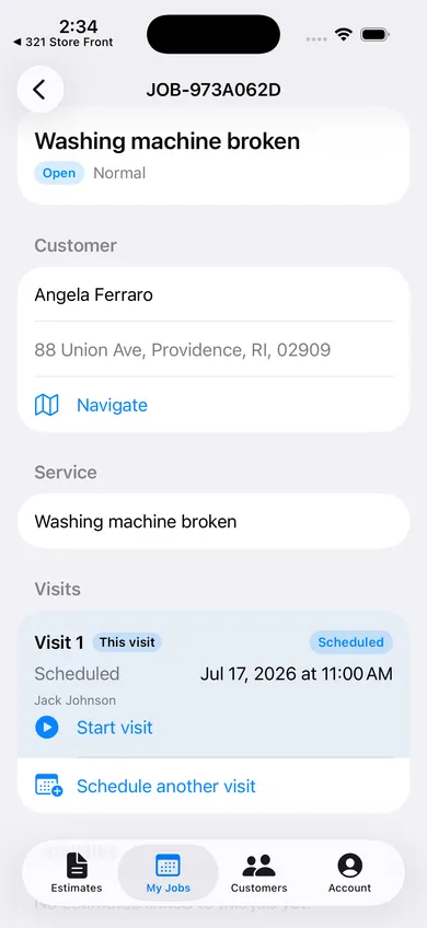 Job detail screen for a washing machine repair, showing customer info, service address, and a scheduled visit with a start-visit action