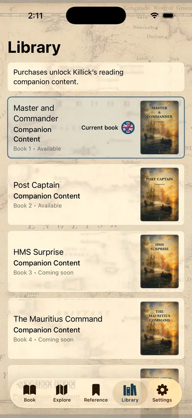 Library screen listing companion content for each Aubrey–Maturin novel, with Master and Commander set as the current book