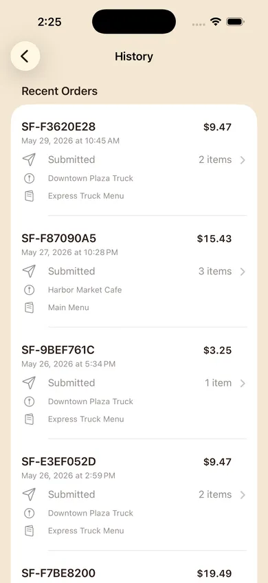 Order history screen listing past pickup orders with locations, item counts, and order totals