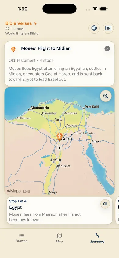 Journey view for "Moses' Flight to Midian," an Old Testament journey with 4 stops, showing stop 1 of 4 in Egypt