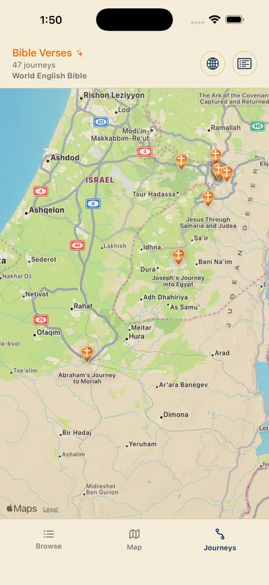 Map view of Israel and Judea with multiple journey pins, including Jesus's journey through Samaria and Judea