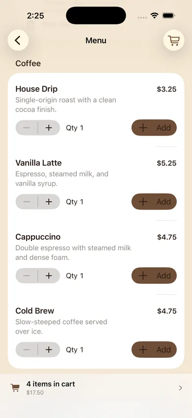 Menu screen showing coffee items with descriptions, prices, and add-to-cart controls