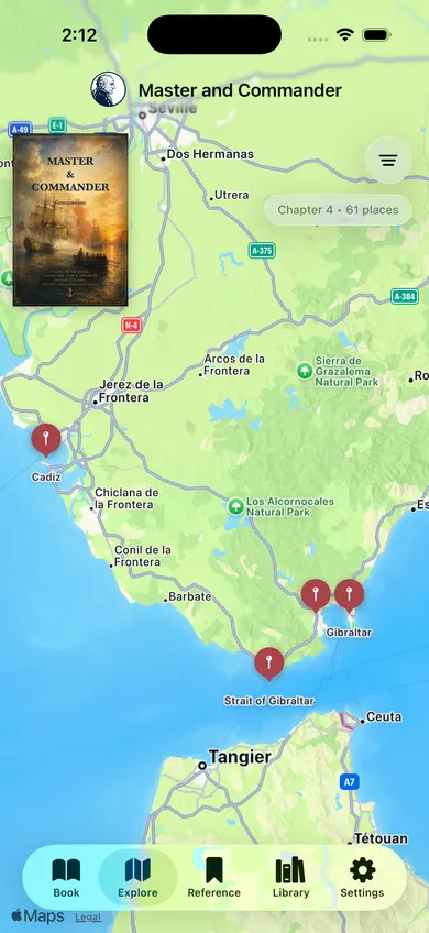 Explore map for Master and Commander showing multiple location pins around the Strait of Gibraltar