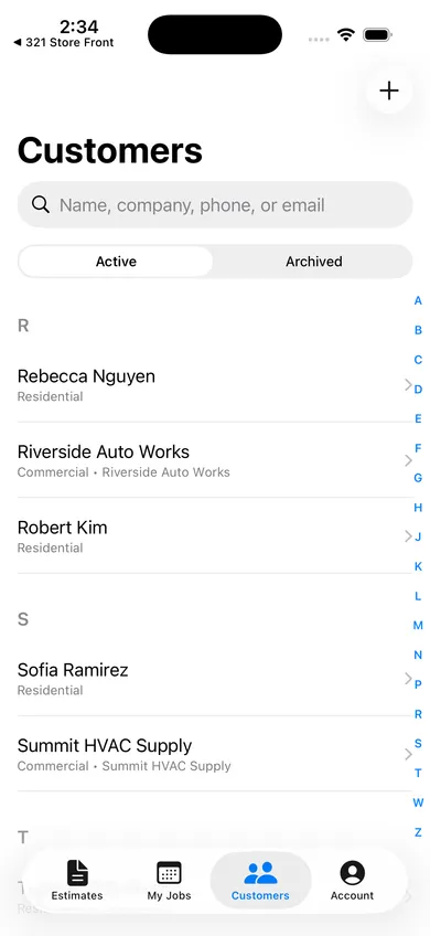 Customers screen with an alphabetical list of residential and commercial customer accounts