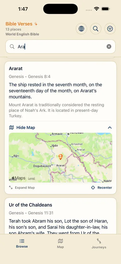 Search results for locations starting with "Ara," showing Ararat with its Genesis 8:4 reference and an inline map