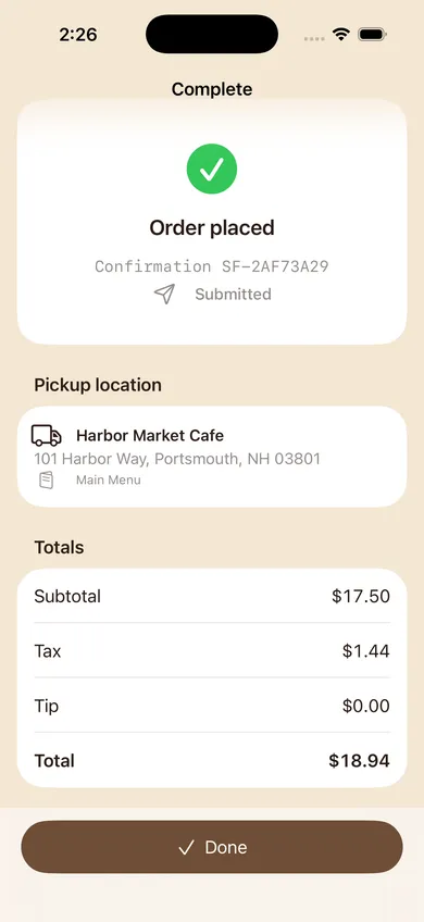 Order confirmation screen showing a completed pickup order with pickup location and an itemized total