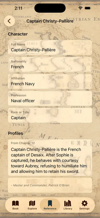 Reference entry for Captain Christy-Pallière, showing his nationality, affiliation, rank, and a spoiler-aware character profile